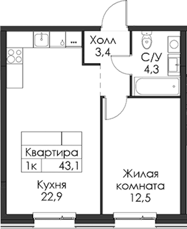 1-комнатная квартира 43.1 м², 2/12 эт., ЖК «Шкиперский 19»